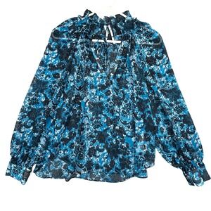 Anthropologie Blue Floral Chiffon‎ Ruffle Neck Blouse Long Sleeve Smocked Cuff M